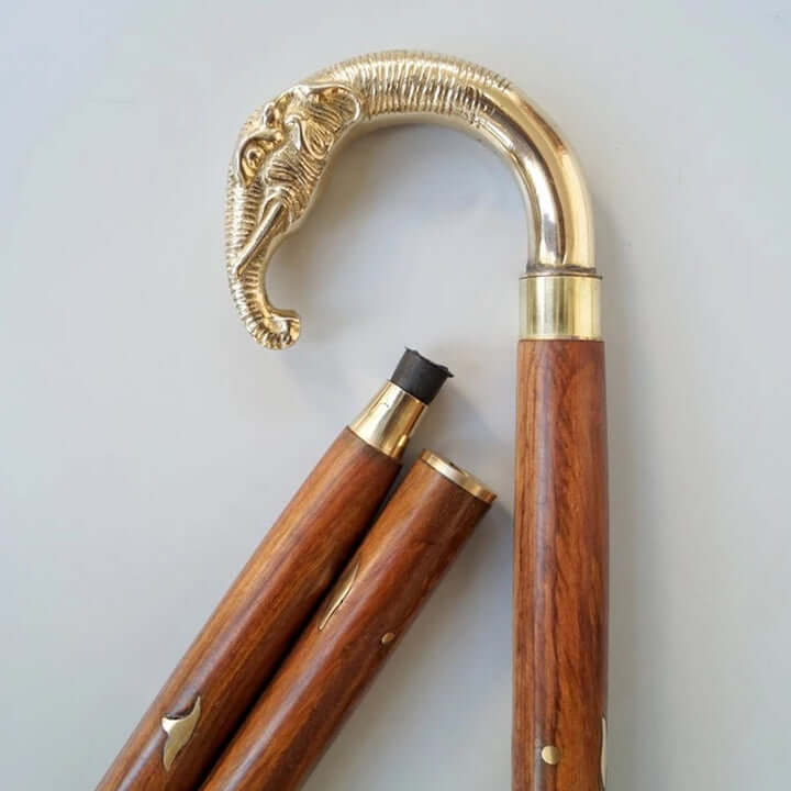 Designer Golden Brass Elephant Handle Brown Wooden Walking Stick